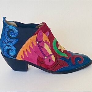 Zalo Vintage Cowgirl Colorful Horses Suede Ankle Boots 6.5